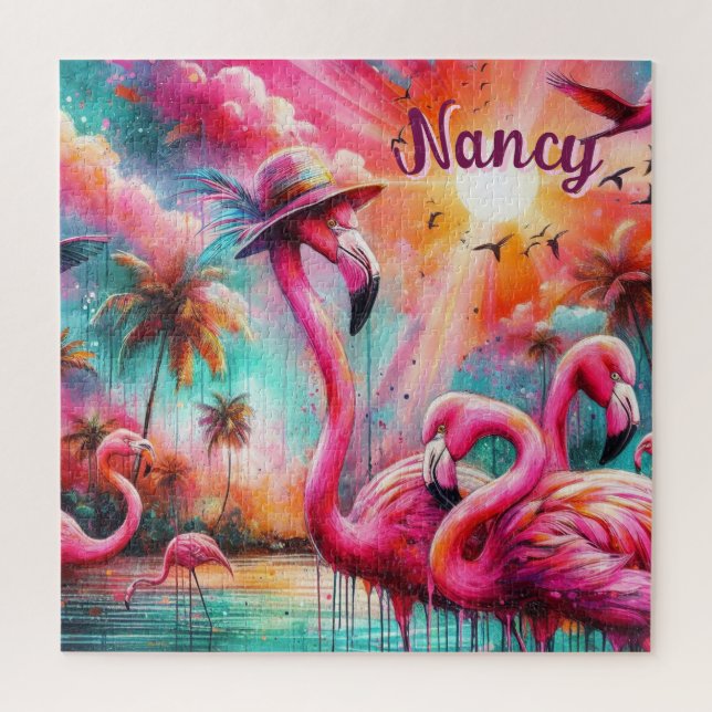Tropical Pink Flamingos Palm Trees Personalised Jigsaw Puzzle (Vertical)