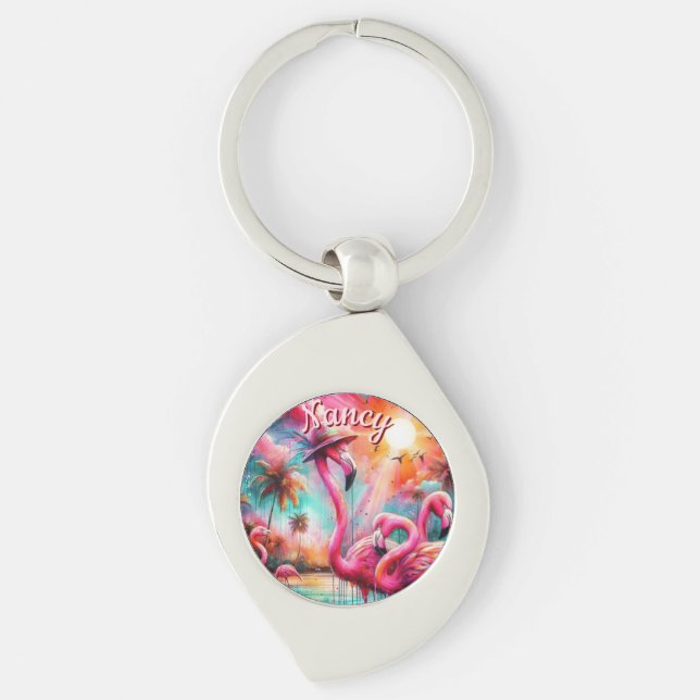 Tropical Pink Flamingos Palm Trees Personalised Key Ring (Front)