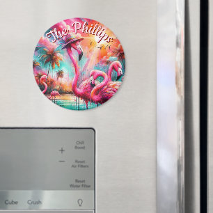 Tropical Pink Flamingos Palm Trees Personalised Magnet