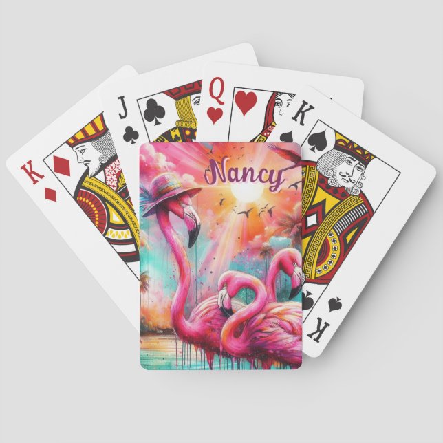 Tropical Pink Flamingos Palm Trees Personalised Playing Cards (Back)