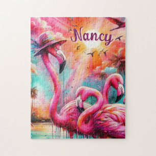 Tropical Pink Flamingos Palm Trees Personalized Jigsaw Puzzle