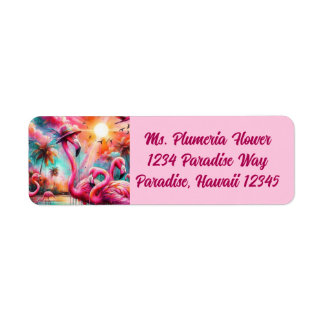 Tropical Pink Flamingos Palm Trees Return Address Label