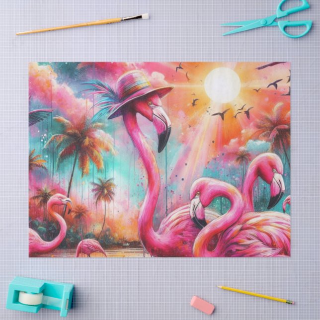 Tropical Pink Flamingos Palm Trees Sun Decoupage Tissue Paper (Craft)