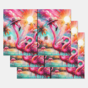 Tropical Pink Flamingos Palm Trees Sun Decoupage Wrapping Paper Sheet