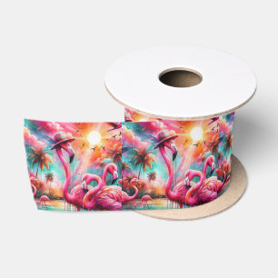 Tropical Pink Flamingos Palm Trees Sun Flamingo Satin Ribbon