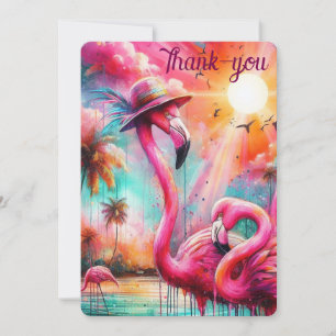 Tropical Pink Flamingos Palm Trees Sun Flamingo Thank You Card