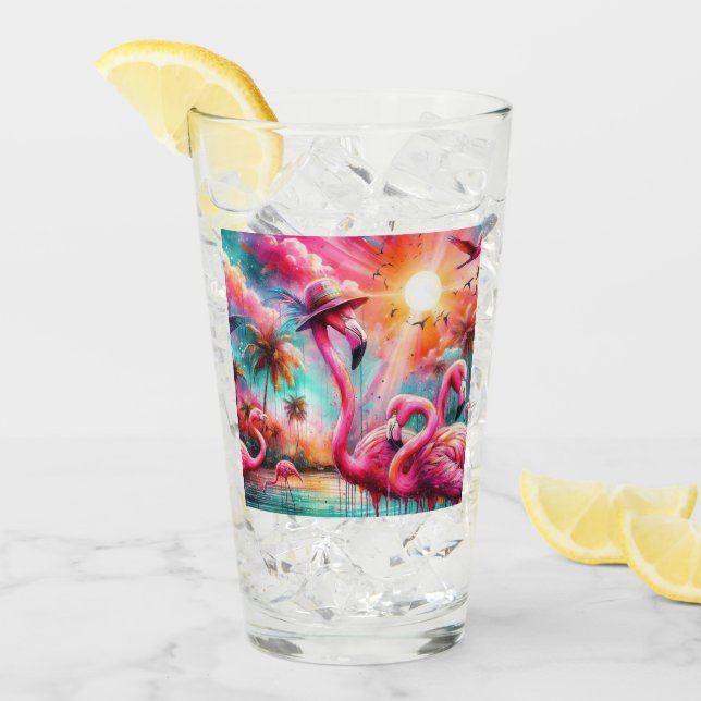 Tropical Pink Flamingos Palm Trees Sun Water Teal Glass (Front Ice)