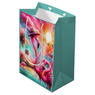 Tropical Pink Flamingos Palm Trees Sun Water Teal Medium Gift Bag