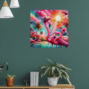 Tropical Pink Flamingos Palm Trees Sun Water Teal Poster