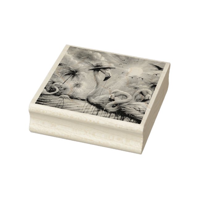 Tropical Pink Flamingos Palm Trees Sun Water Teal Rubber Stamp (Stamp)