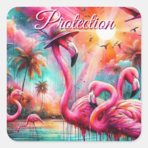 Tropical Pink Flamingos Palm Trees Sun Water Teal Square Sticker