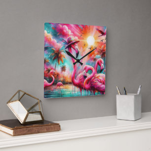 Tropical Pink Flamingos Palm Trees Sun Water Teal  Square Wall Clock