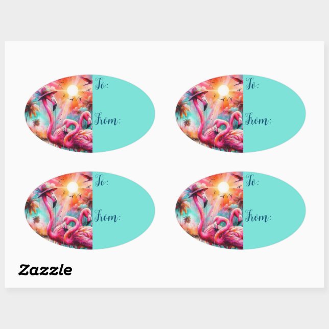 Tropical Pink Flamingos Palm Trees Sunset Teal Oval Sticker (Sheet)
