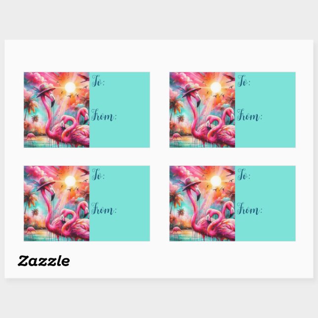 Tropical Pink Flamingos Palm Trees Sunset Teal Rectangular Sticker (Sheet)