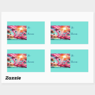Tropical Pink Flamingos Palm Trees Sunset Teal Rectangular Sticker