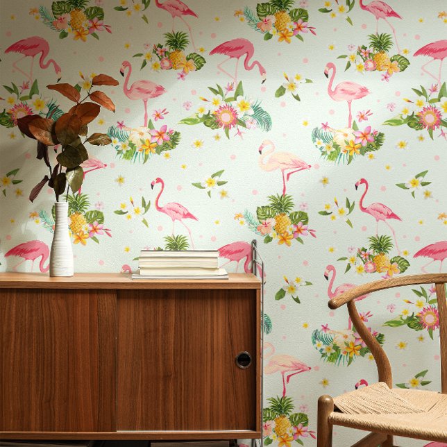 Tropical Pink Flamingos Plant Beach Vibes Pattern Wallpaper (Creator Uploaded)