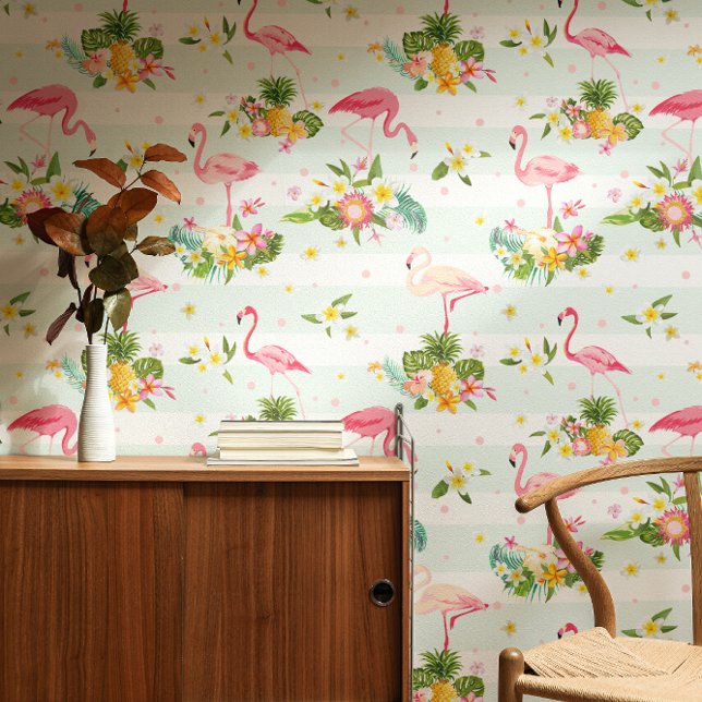 Tropical Pink Flamingos & Plant Pattern Striped Wallpaper (Creator Uploaded)