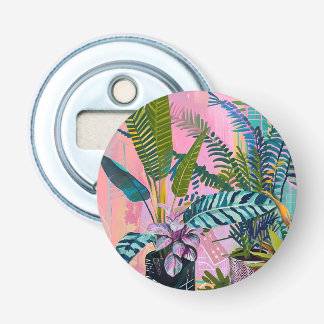 Tropical pink flamingos set against lush green bottle opener
