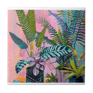 Tropical pink flamingos set against lush green ceramic tile