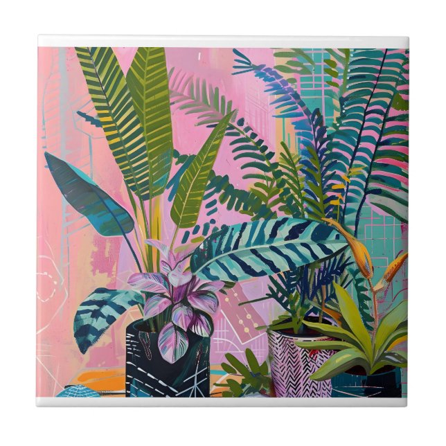 Tropical pink flamingos set against lush green ceramic tile (Front)