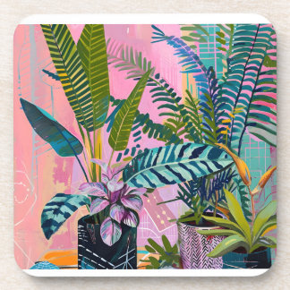 Tropical pink flamingos set against lush green coaster