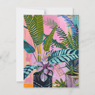Tropical pink flamingos set against lush green postcard