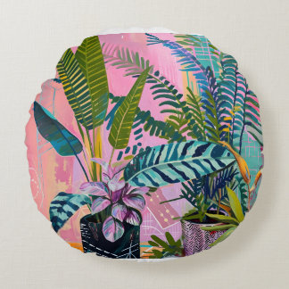 Tropical pink flamingos set against lush green round cushion