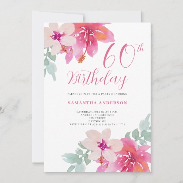 Tropical Pink Floral 60th Birthday Invitation (Front)