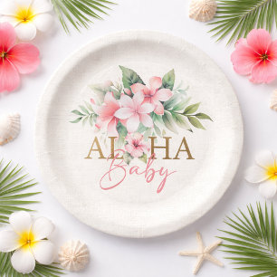 Tropical Pink Floral Aloha Baby Shower Paper Plate