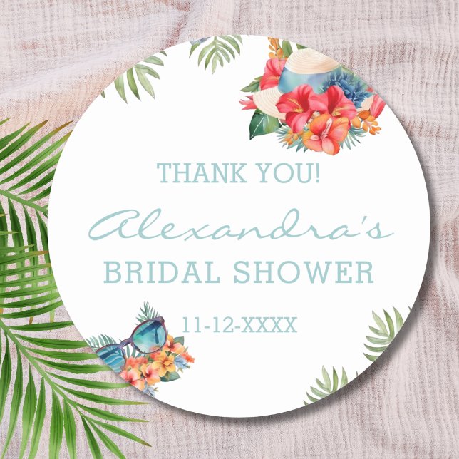 Tropical Pink Floral Beach Bridal Shower Thank You Classic Round Sticker (Creator Uploaded)