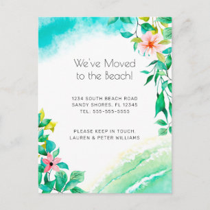 Tropical Pink Floral Beach Moving Announcement Postcard