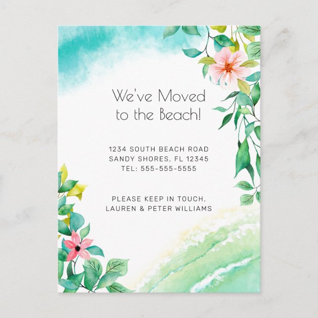 Tropical Pink Floral Beach Moving Announcement Postcard (Front)