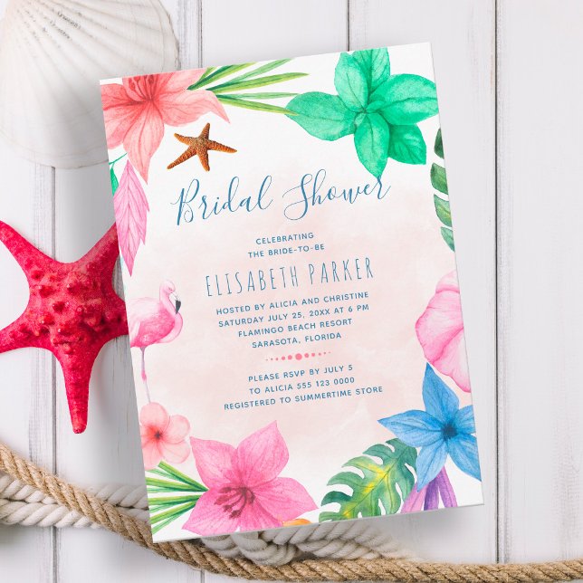 Tropical pink floral beach wedding bridal shower invitation (Creator Uploaded)