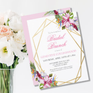 Tropical Pink Floral Gold Geometric Bridal Brunch Postcard