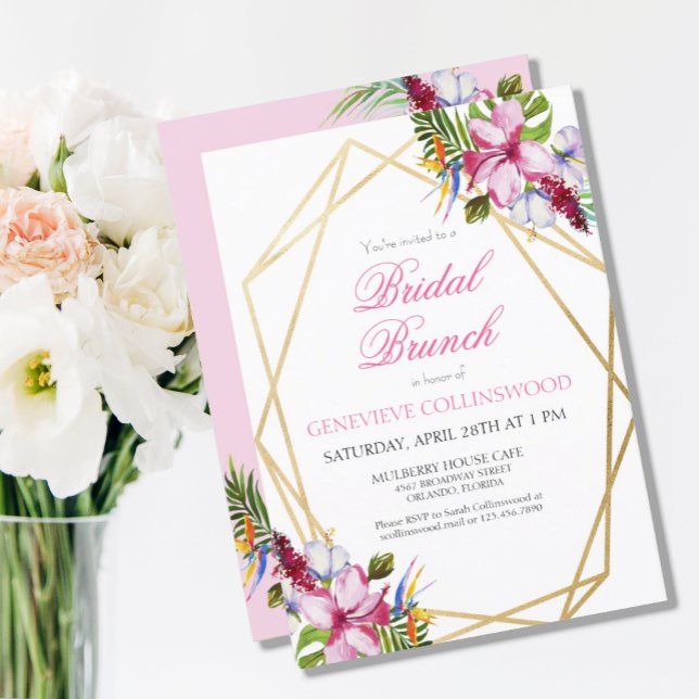 Tropical Pink Floral Gold Geometric Bridal Brunch Postcard (Creator Uploaded)