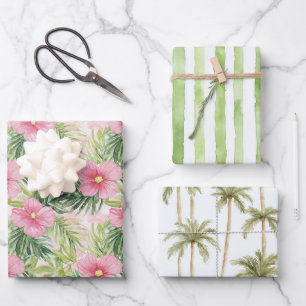 Tropical Pink Floral Green Stripes Wedding Wrapping Paper Sheet