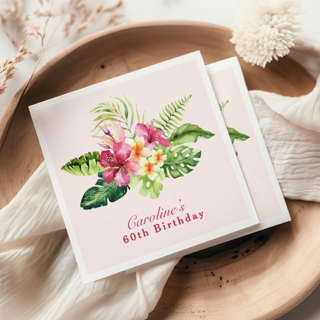 Tropical Pink Floral Greenery Birthday Napkins (Creator Uploaded)