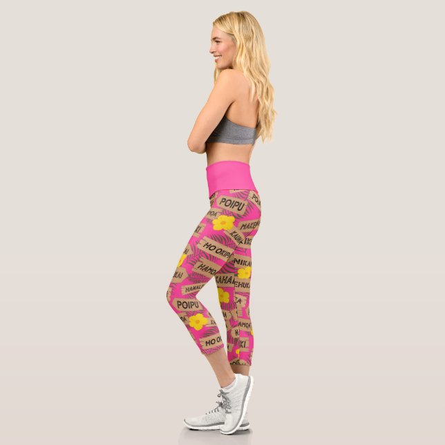 Tropical Pink Floral Hawaiian Beach Capri Leggings (Left)