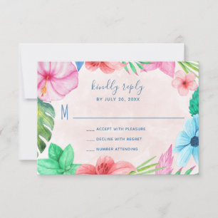 Tropical pink floral hawaiian wedding RSVP card