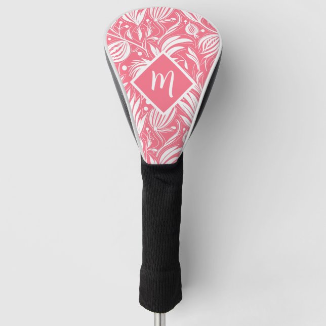 Tropical Pink Floral Pattern Diamond Monogram Golf Head Cover (Front)