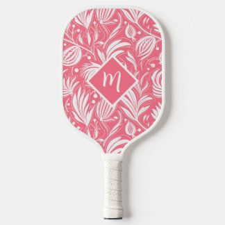 Tropical Pink Floral Pattern Diamond Monogram Pickleball Paddle