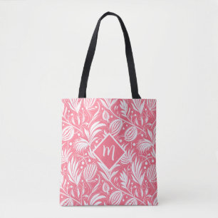 Tropical Pink Floral Pattern Diamond Monogram Tote Bag