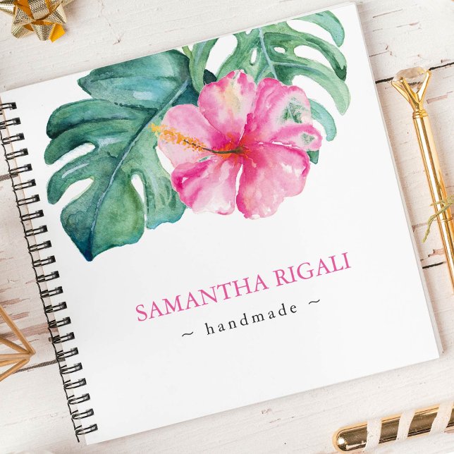 Tropical Pink Flower and Greenery Personalised Notebook (Personalized notebook pink hibiscus flower art by Victoria Grigaliunas Do Tell A Belle)