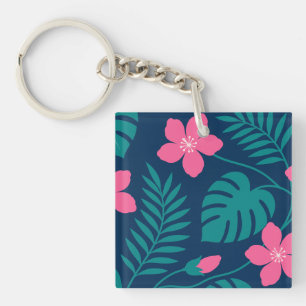 Tropical Pink Flowers and Green Foliage Design Key Ring