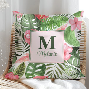 Tropical Pink Flowers and Monstera Monogram Cushion
