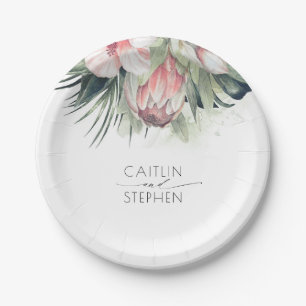Tropical Pink Flowers and Palms Greenery Wedding Paper Plate