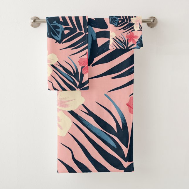 Tropical pink flowers bath towel set (Insitu)