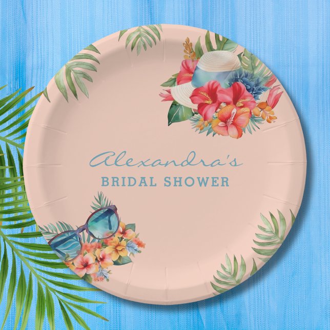Tropical Pink Flowers Beach Bridal Shower Paper Plate (Creator Uploaded)