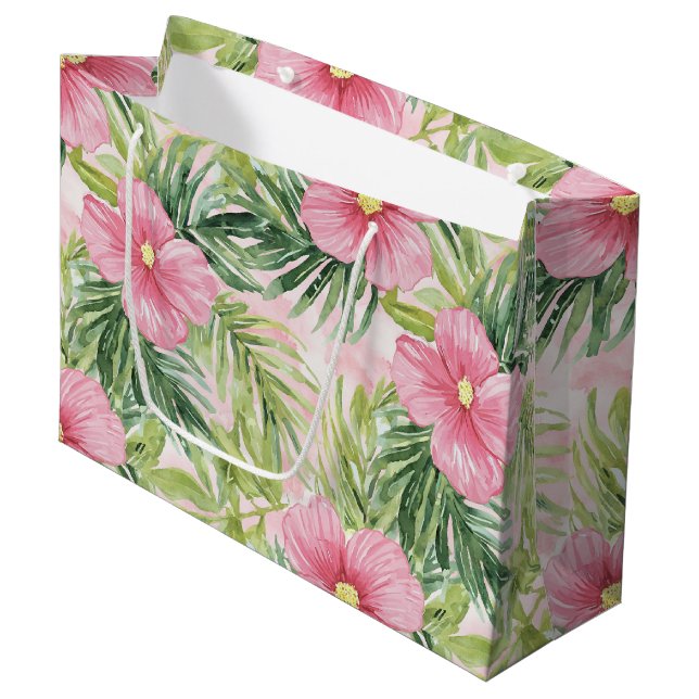 Tropical Pink Flowers Bridal Shower Large Gift Bag (Front Angled)