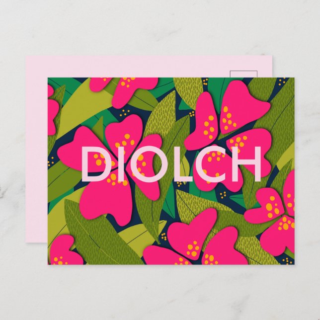 Tropical Pink Flowers Diolch Thank You Postcard (Front/Back)